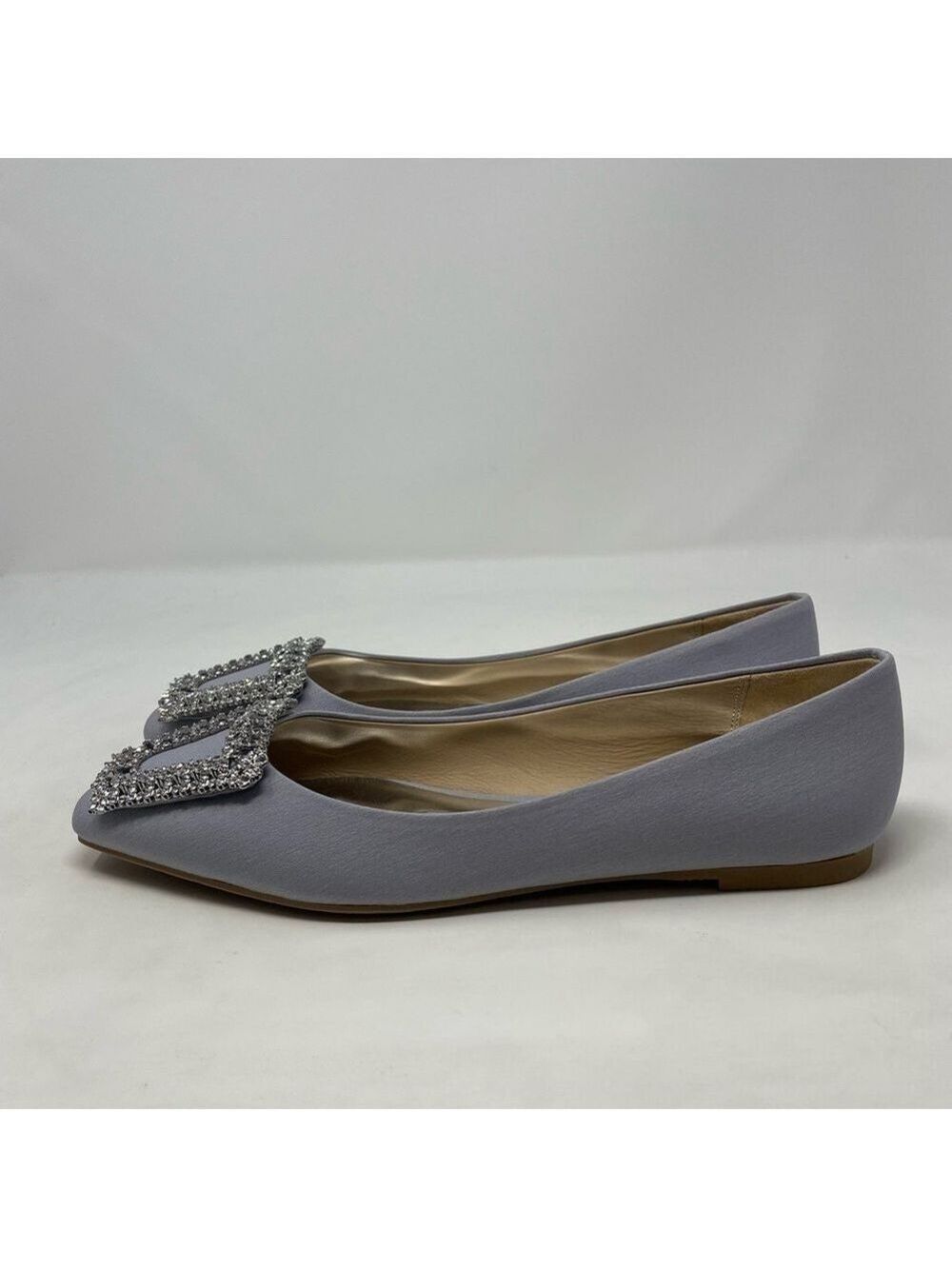 Badgley Mischka Emerie Embellished Crystal Buckle Satin Silver Slip on Flats NWT - Picture 9 of 13